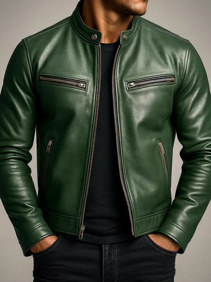 Men's Retro Stand Collar Full Zipper Slim Fit Motorcycle Jacket