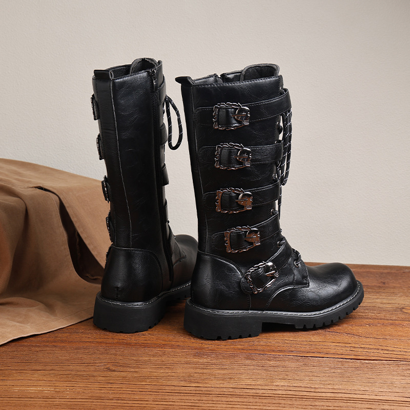 Men's black buckled motorcycle boots