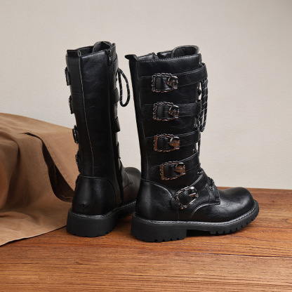 Men's black buckled motorcycle boots