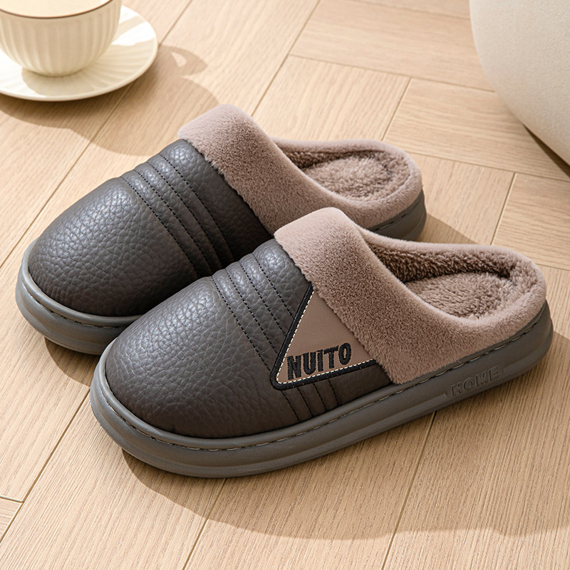 2024 new men's PU leather cotton slippers for winter home indoor warm non-slip plus velvet cotton shoes EVA bottom