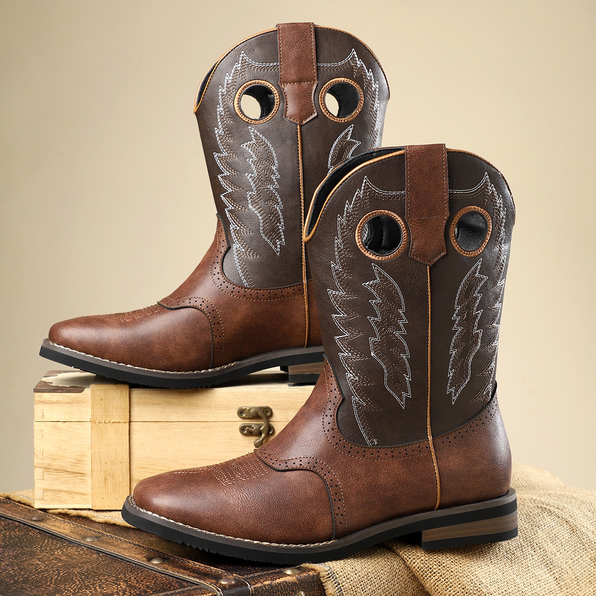 Classic Western Cowboy Boots Retro Embroidered Leather Boots Casual All-match Knight Boots Personality Fashion Cowboy Boots American Style