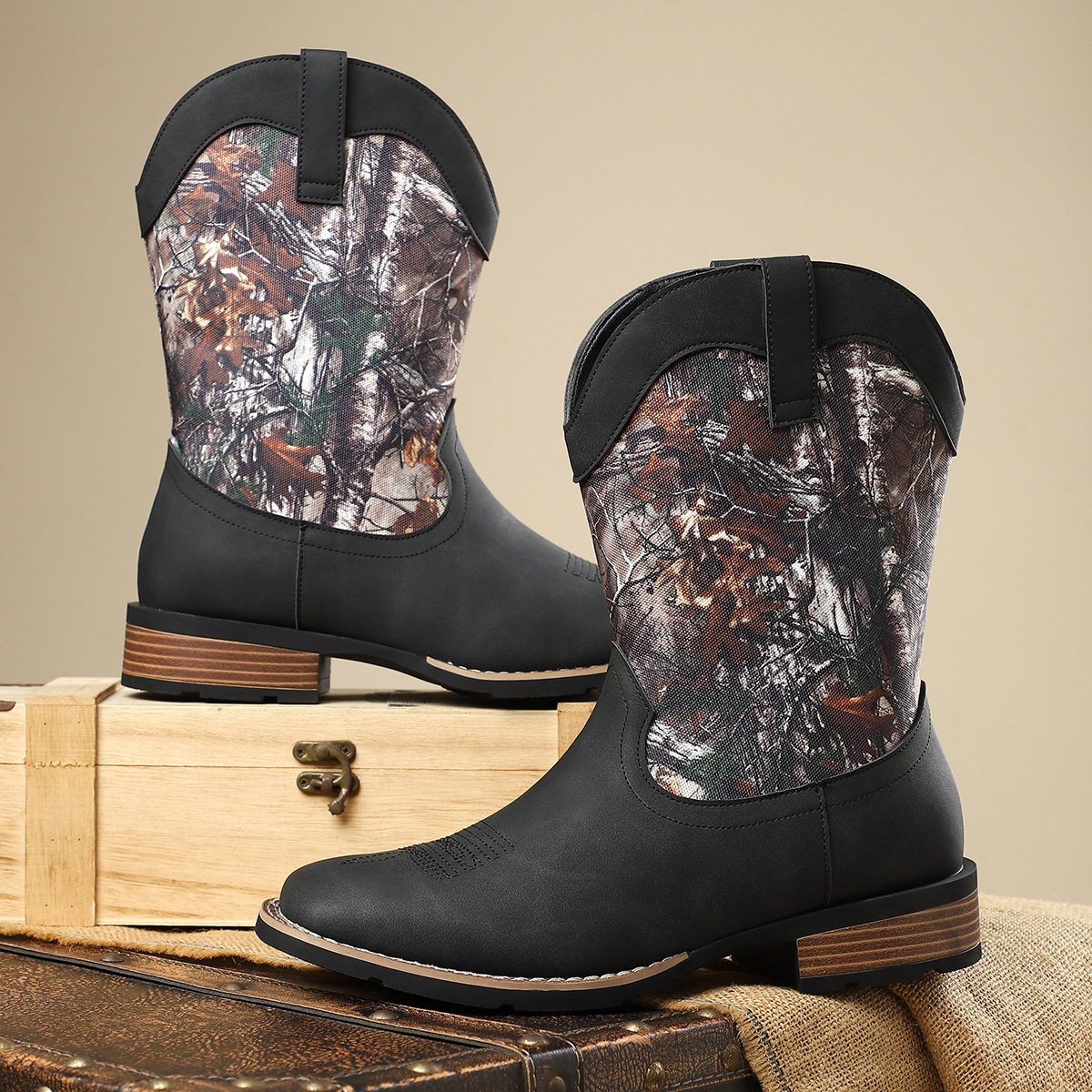 New western style cowboy boots embroidery craft retro high-top men's knight boots trendy all-match casual work boots