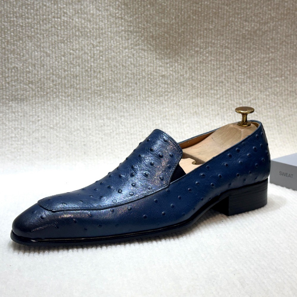 2025 new blue ostrich pattern light luxury leather loafers