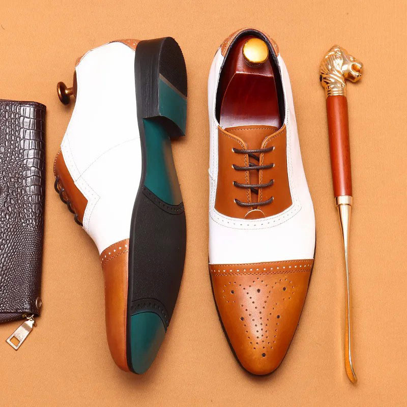 Men's classic white and brown business leather lace-up casual shoes
