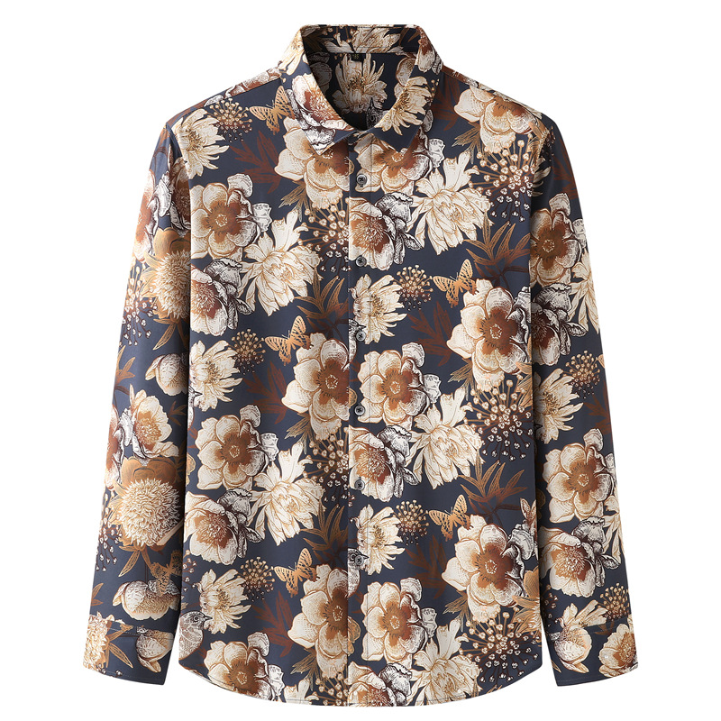 European and American cross-border large size men's long-sleeved printed shirt fat spring and autumn loose casual plus fat plus size shirt