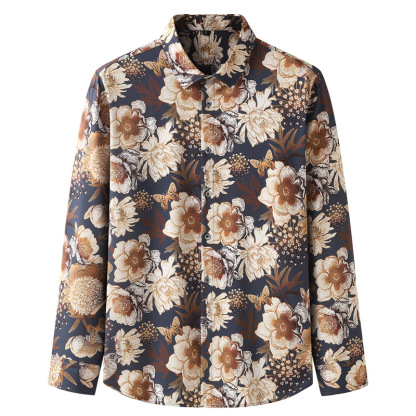 European and American cross-border large size men's long-sleeved printed shirt fat spring and autumn loose casual plus fat plus size shirt