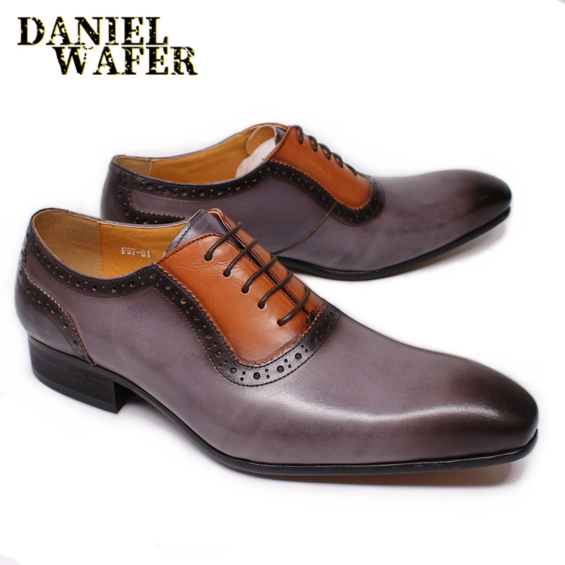 Men's stylish business casual colorblocked genuine leather Oxford shoes
