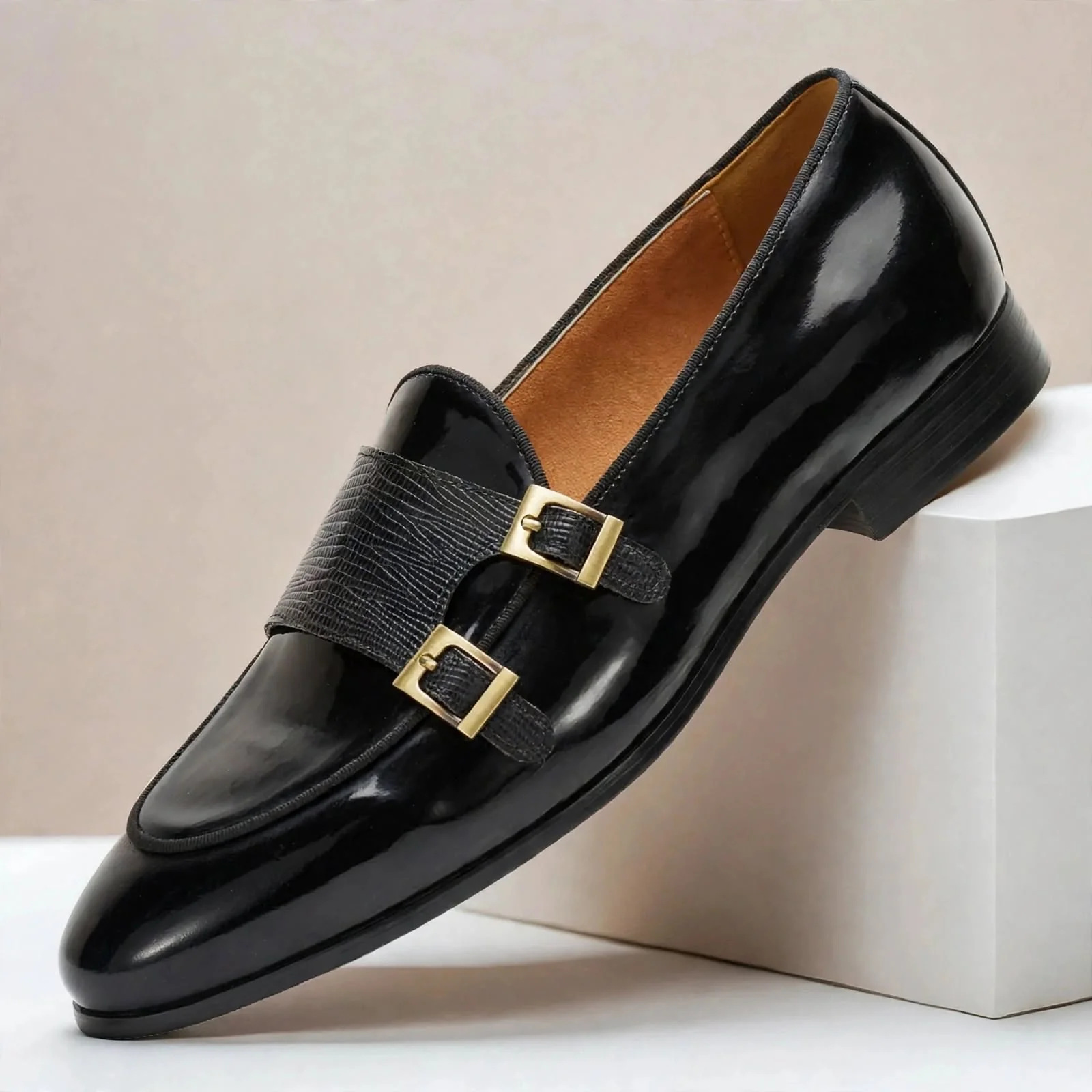 Men’s Genuine Leather Double-Buckle Monk Strap Dress Shoes