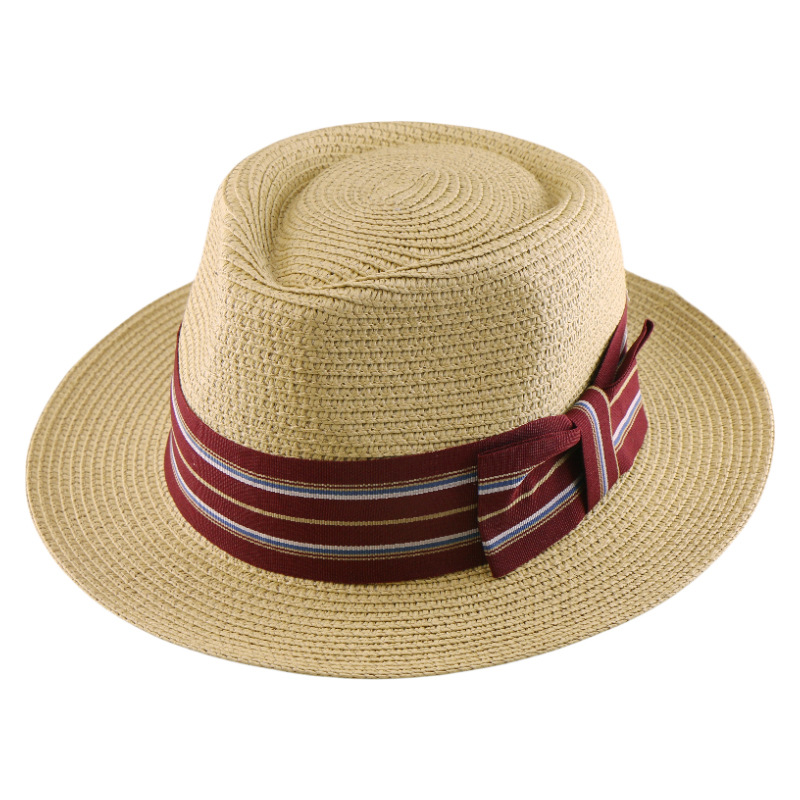 Men's Beige Straw Fedora Hat with Striped Band, Summer Panama Hat with Multicolor Bow, Blue or Burgundy Stripe Options