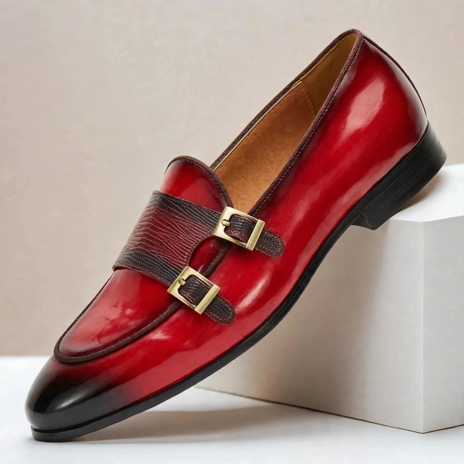 Men’s Genuine Leather Double-Buckle Monk Strap Dress Shoes