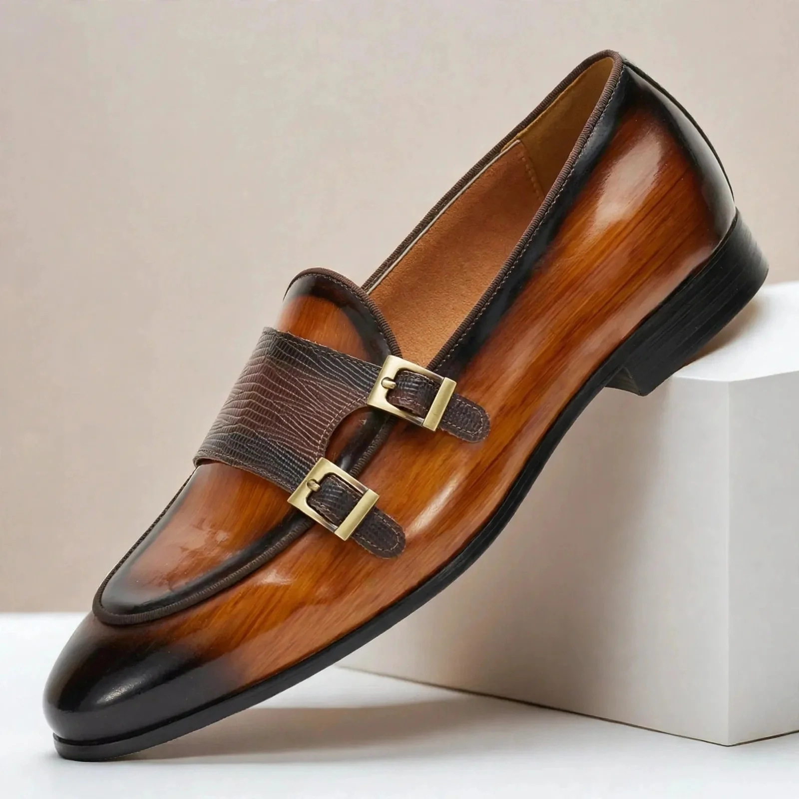 Men’s Genuine Leather Double-Buckle Monk Strap Dress Shoes