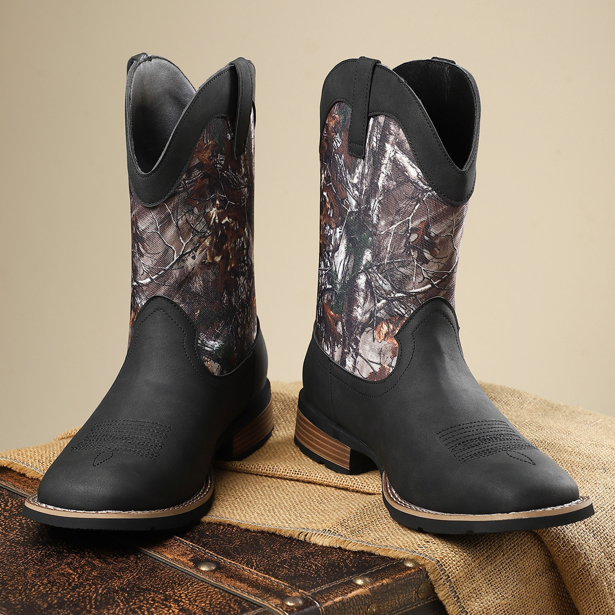New western style cowboy boots embroidery craft retro high-top men's knight boots trendy all-match casual work boots