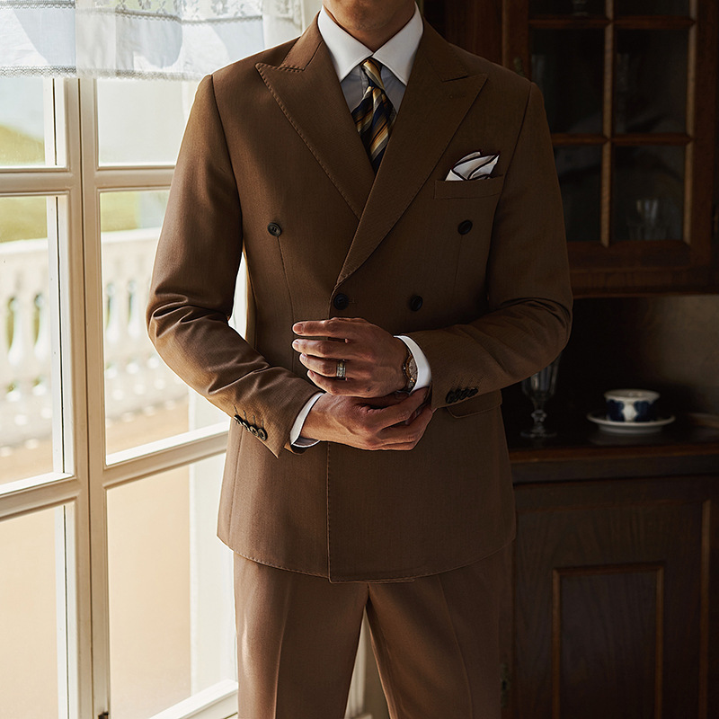 Hangzhou men's clothing high-end British style business formal suits double-breasted gentleman Naples peaked lapel suit