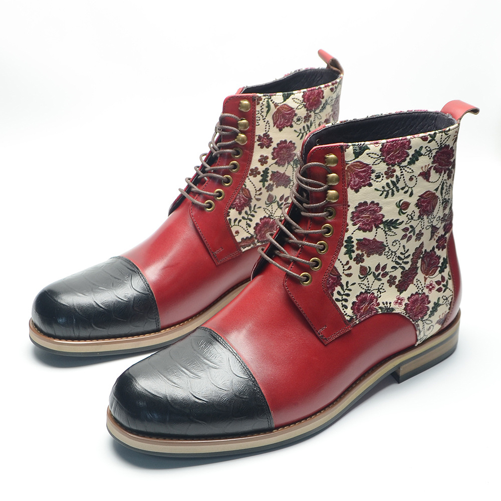 GUYSTEP™Men's handmade cowhide patchwork high top lace-up leather boots