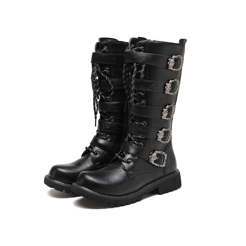 Men's black buckled motorcycle boots
