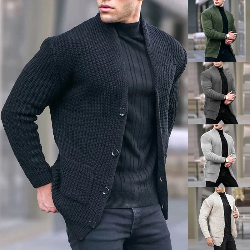 New autumn and winter European and American men's fashion casual men's clothing long sleeve stand collar pocket men's clothing solid color men's cardigan men's clothing