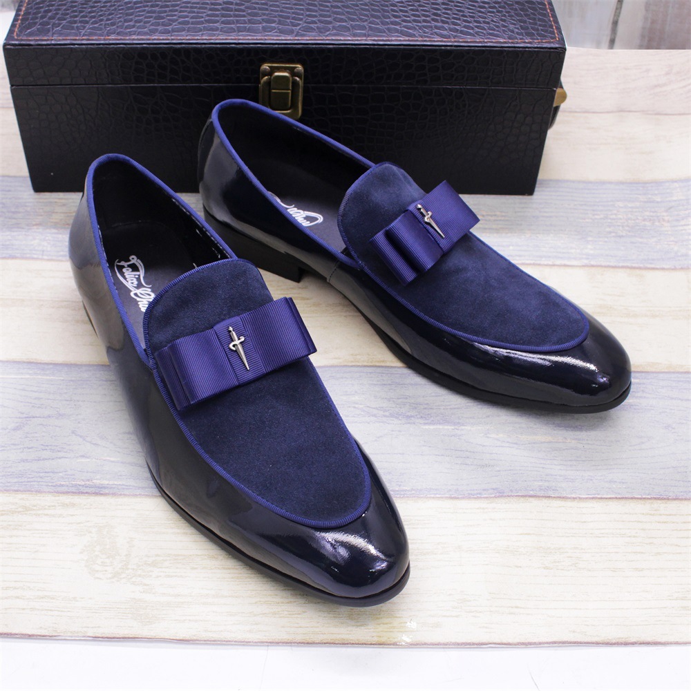 Handmade Genuine Patent Leather And Nubuck Leather Patchwork With Bow Tie Men Wedding Dress Shoes
