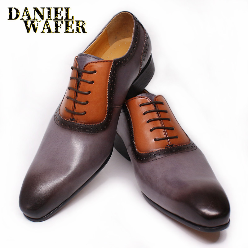 Men's stylish business casual colorblocked genuine leather Oxford shoes