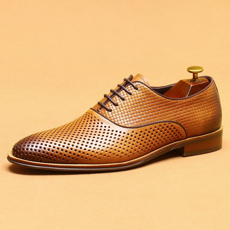 Men's Perforated Leather Dress Shoes - White, Brown, Black