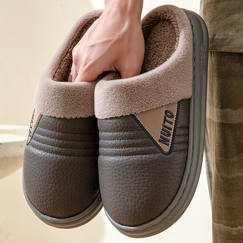 2024 new men's PU leather cotton slippers for winter home indoor warm non-slip plus velvet cotton shoes EVA bottom