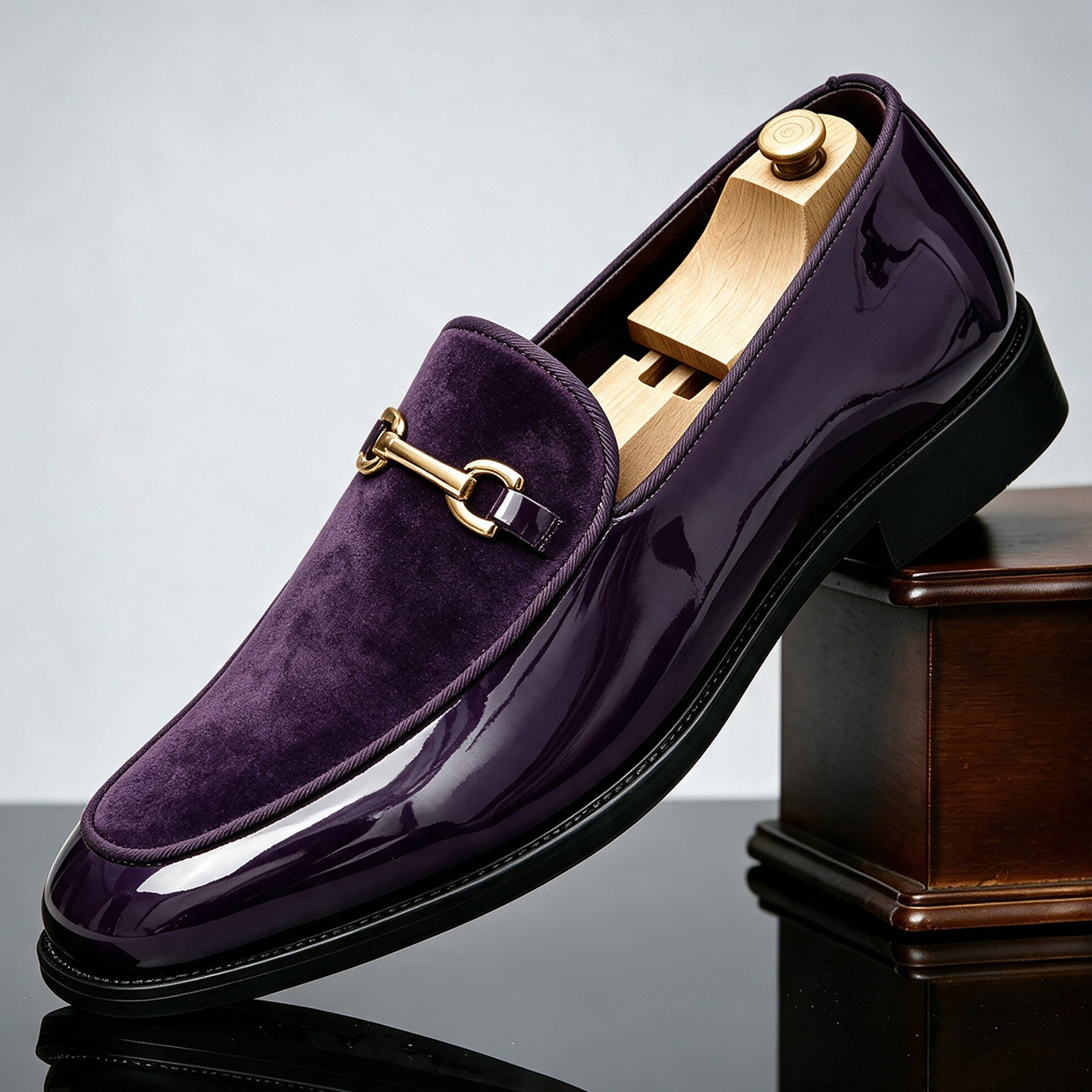 Men’s Velvet & Patent Leather Loafers | Gold Horsebit Ornament Slip‑On Luxury Dress Shoes