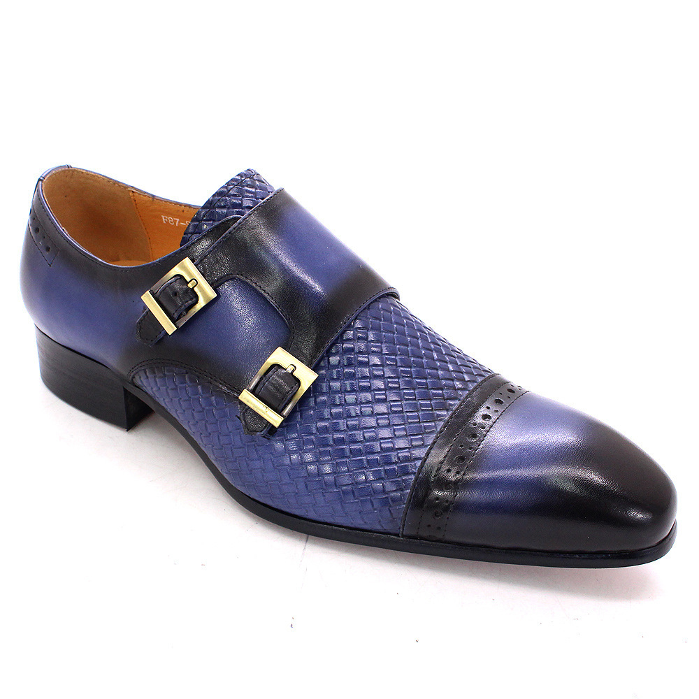 Luxury men's business casual shoes blue genuine leather double buckle monk shoes first layer cowhide pointed toe men's monk shoes