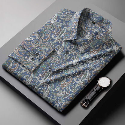 European and American cross-border large size men's long-sleeved printed shirt fat spring and autumn loose casual plus fat plus size shirt