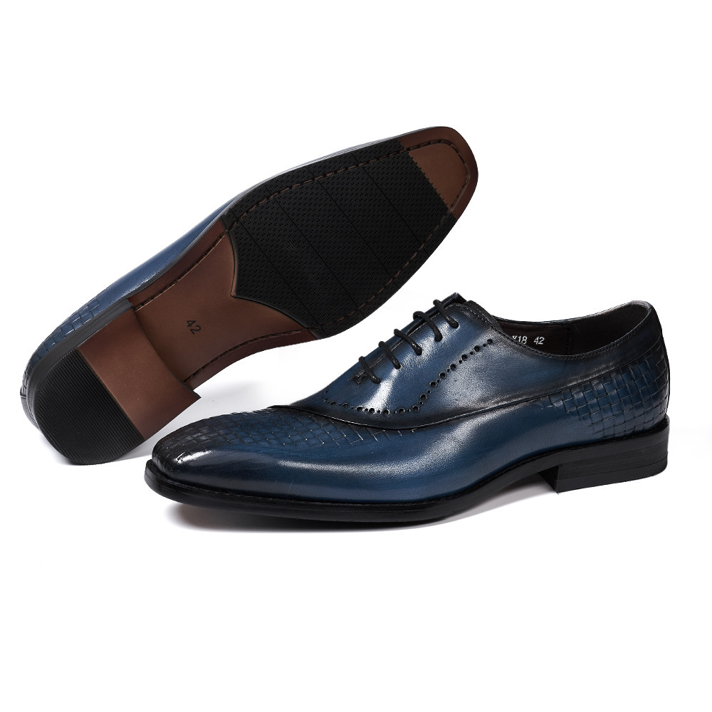 European brand leather shoes men's new British lace-up woven pattern splicing Oxford shoes genuine leather business formal men's shoes