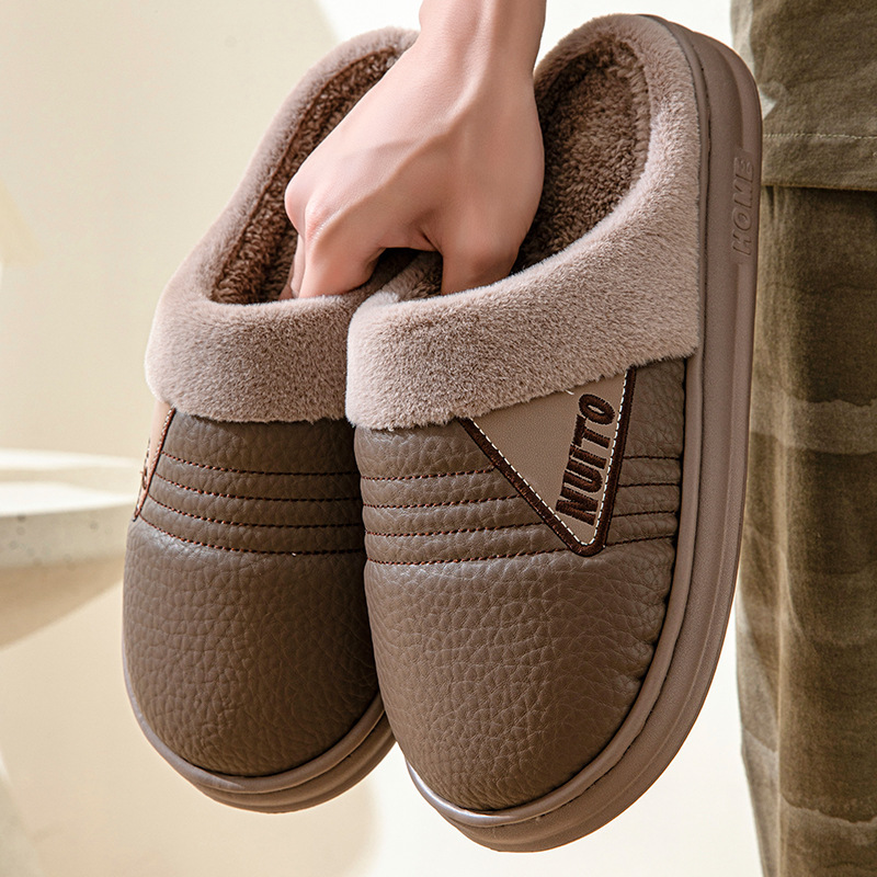 2024 new men's PU leather cotton slippers for winter home indoor warm non-slip plus velvet cotton shoes EVA bottom