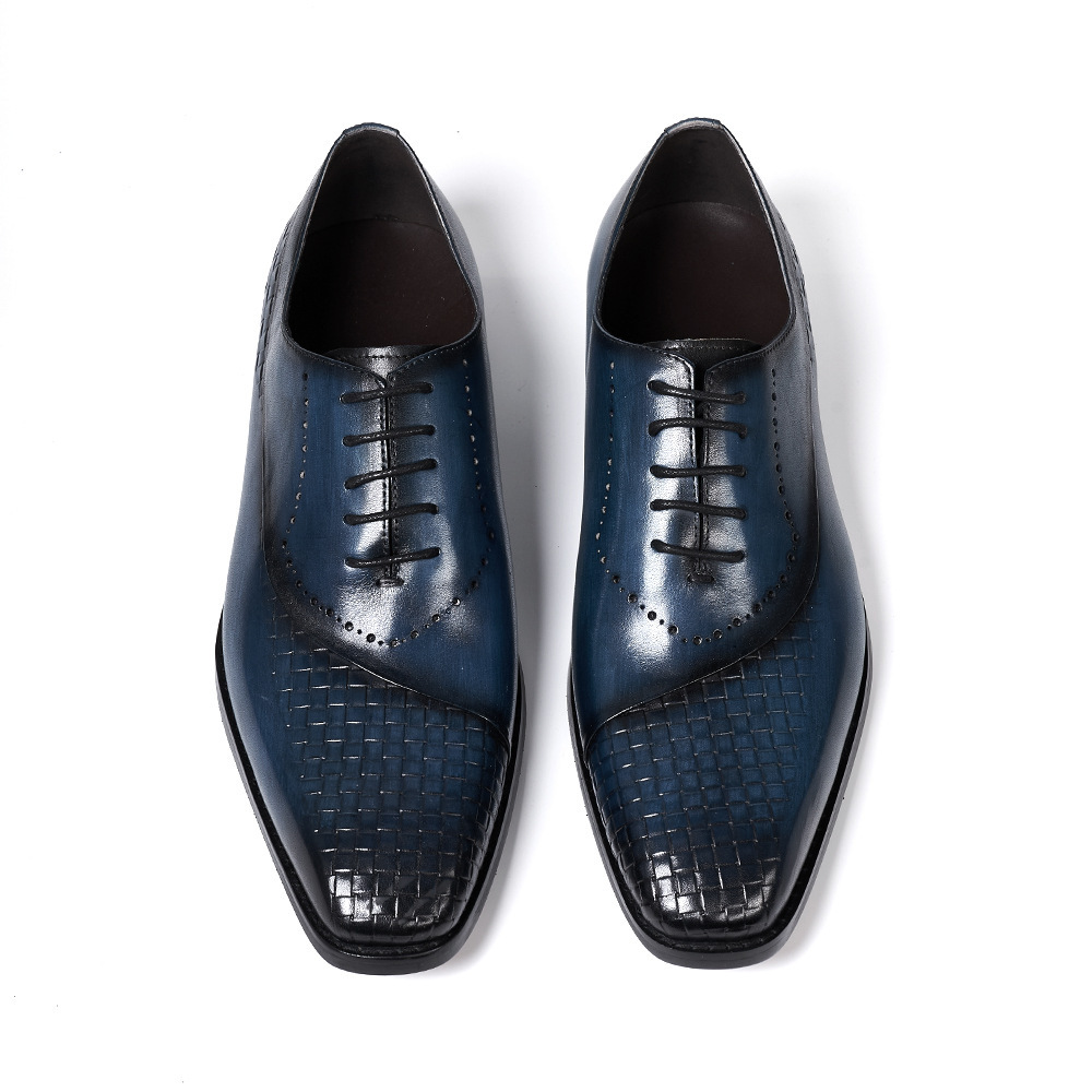 European brand leather shoes men's new British lace-up woven pattern splicing Oxford shoes genuine leather business formal men's shoes