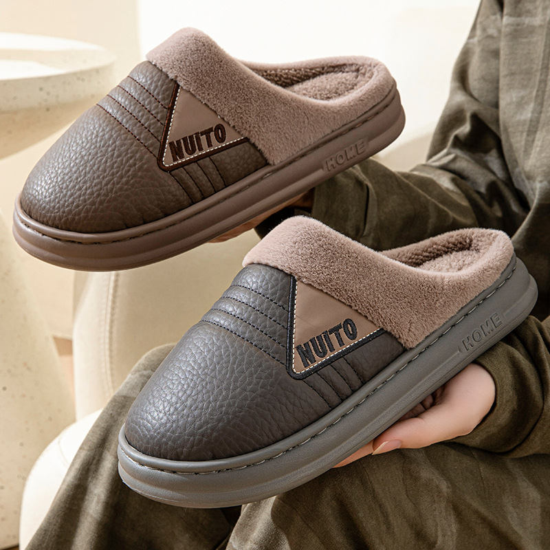 2024 new men's PU leather cotton slippers for winter home indoor warm non-slip plus velvet cotton shoes EVA bottom