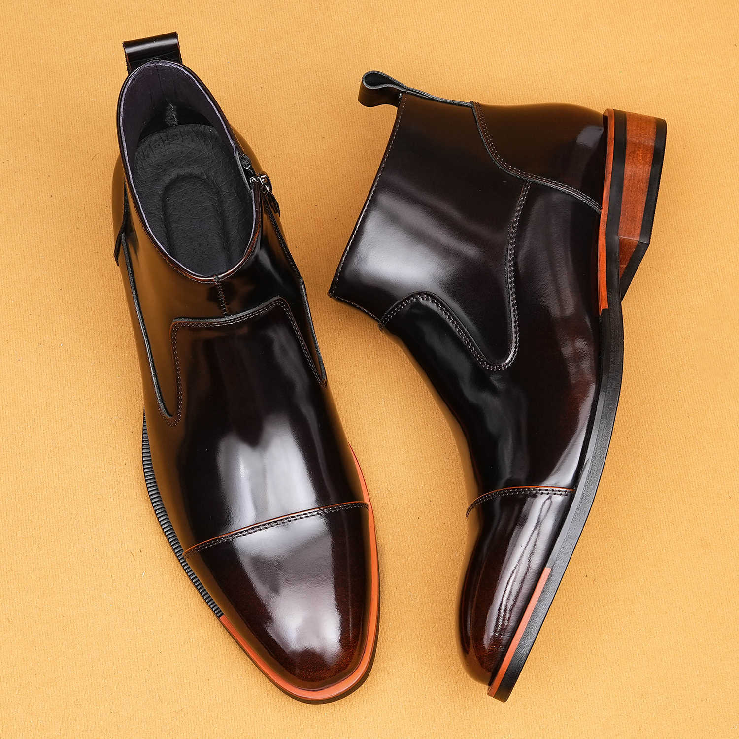 Glossy side zipper casual high-top genuine leather shoes