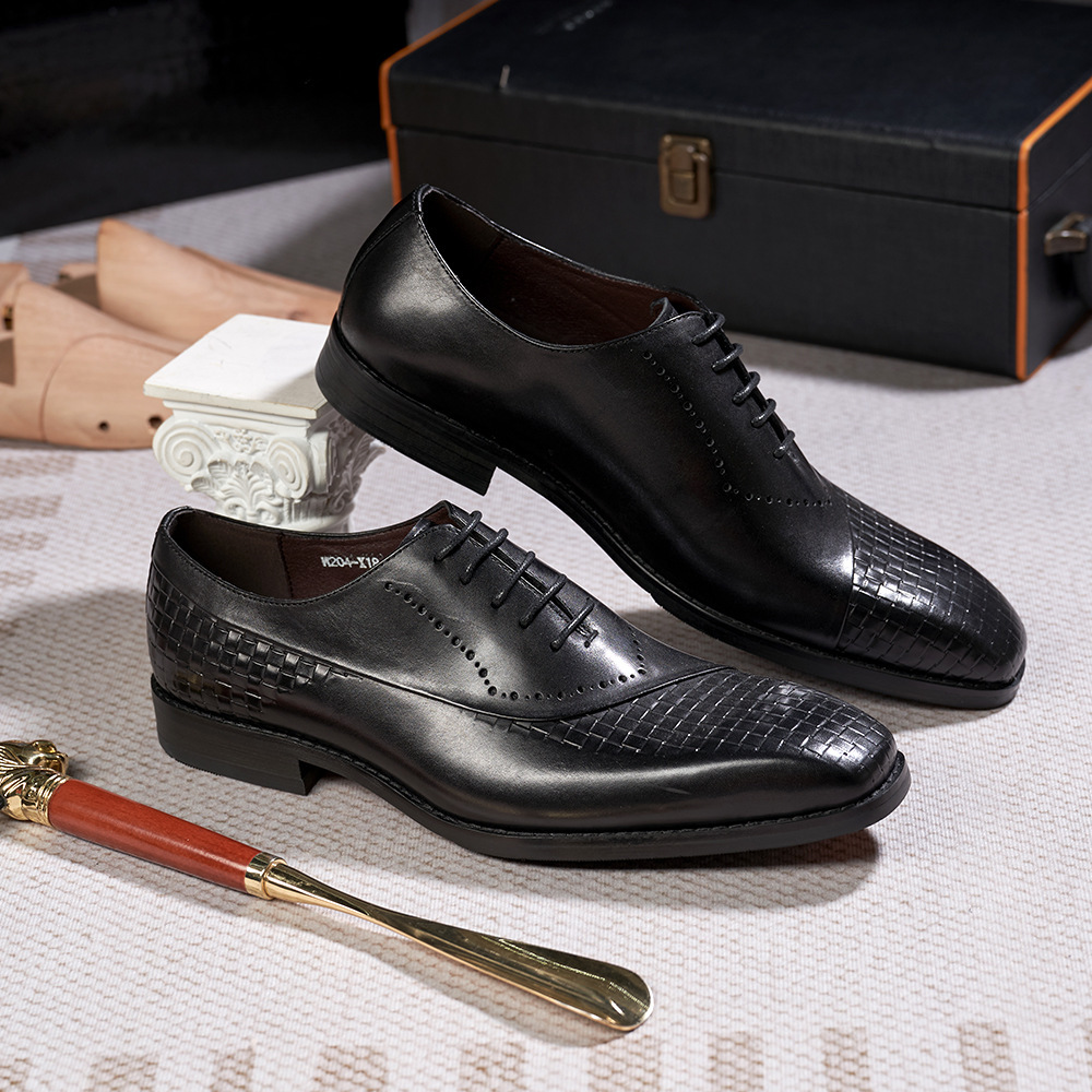 European brand leather shoes men's new British lace-up woven pattern splicing Oxford shoes genuine leather business formal men's shoes