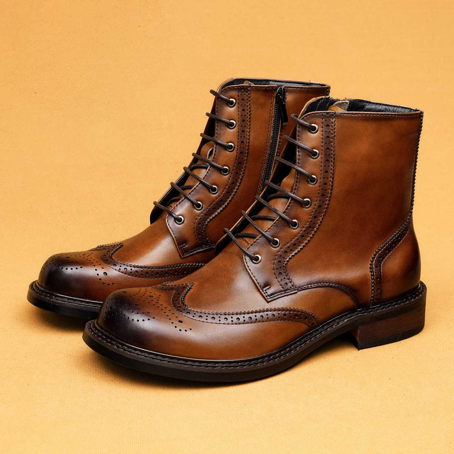 Men's Brogue Leather Boots - Brown & Black