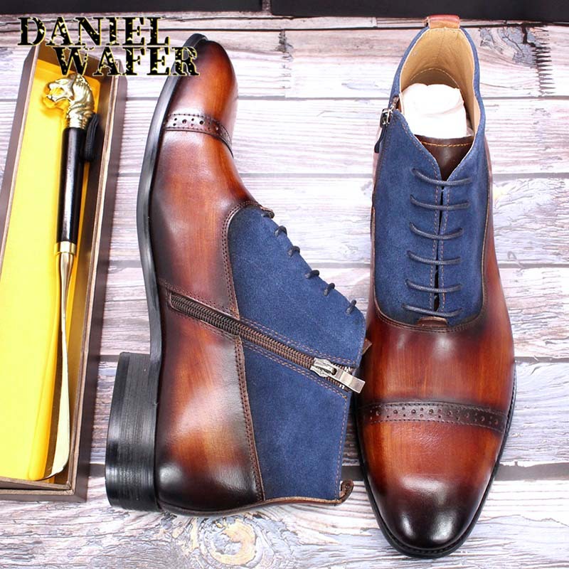 Men's pointed toe ankle boots, handcrafted, high-top, casual vintage style