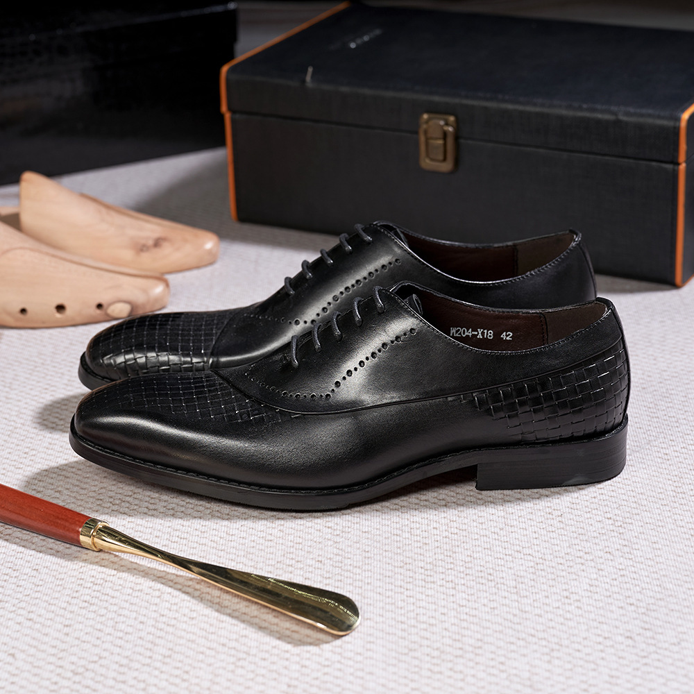 European brand leather shoes men's new British lace-up woven pattern splicing Oxford shoes genuine leather business formal men's shoes