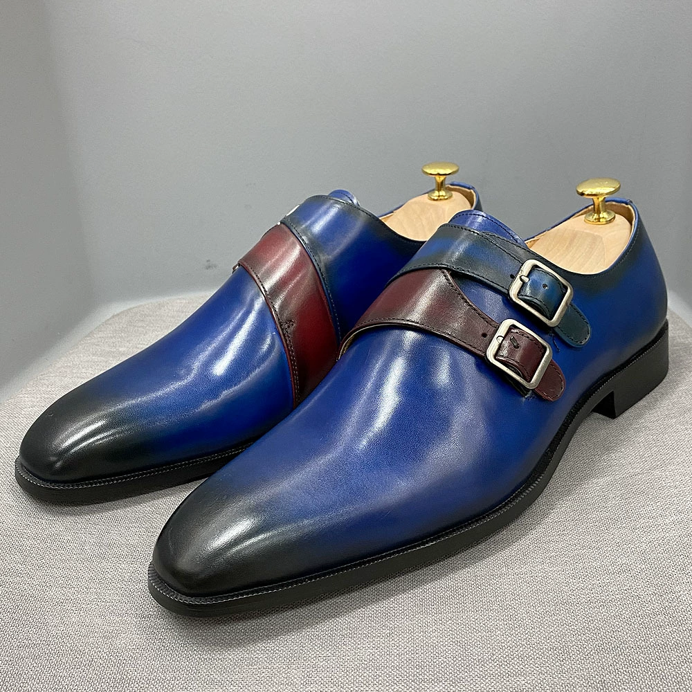Men's double buckle color matching genuine leather business casual shoes