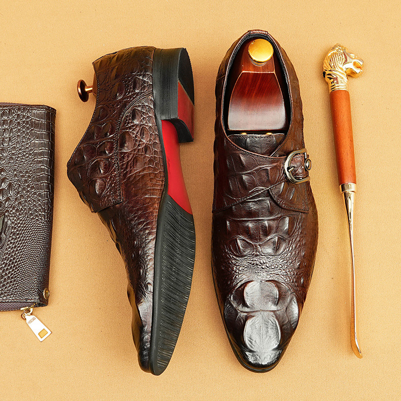 Men's Crocodile Pattern Leather Monk Strap Dress Shoes, Single Buckle Formal Loafers in Black / Coffee Brown