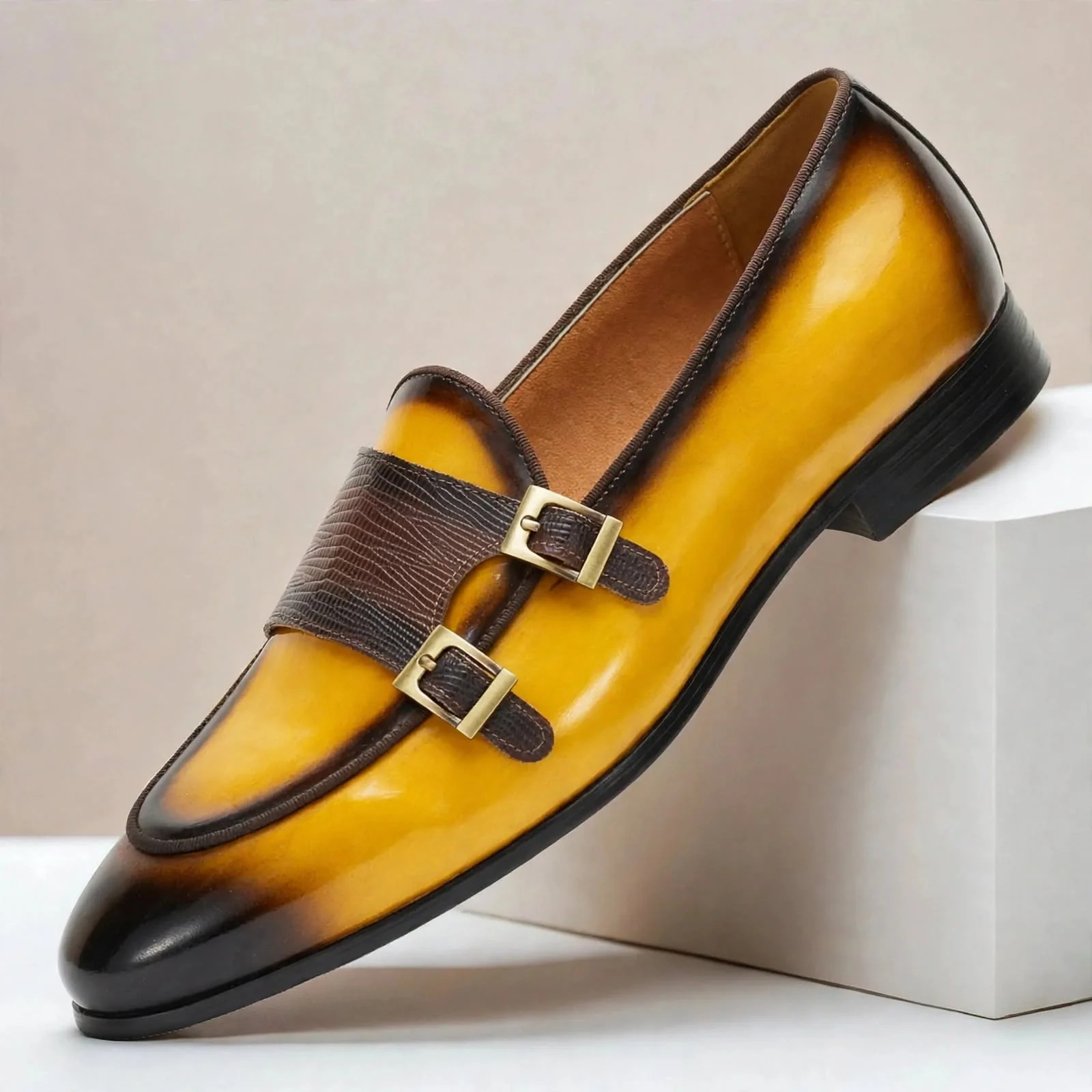 Men’s Genuine Leather Double-Buckle Monk Strap Dress Shoes