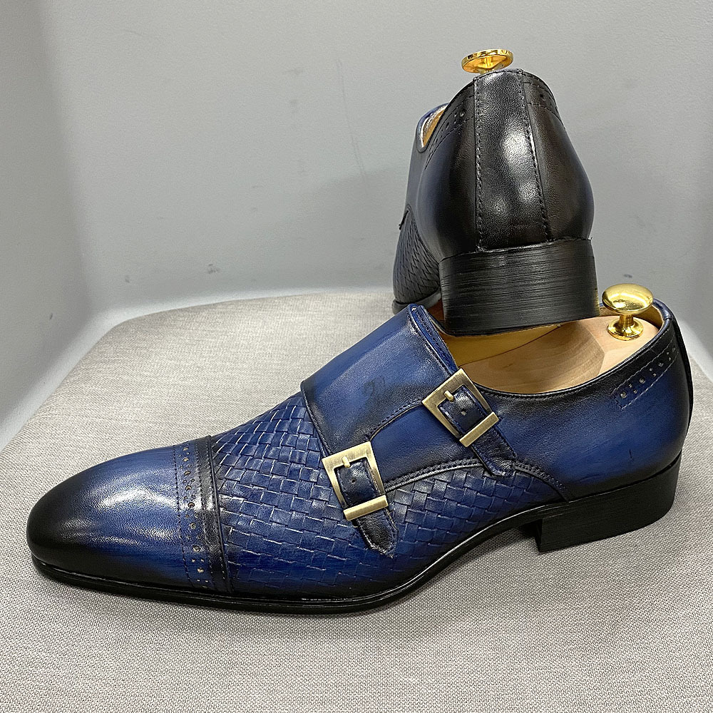 Luxury men's business casual shoes blue genuine leather double buckle monk shoes first layer cowhide pointed toe men's monk shoes