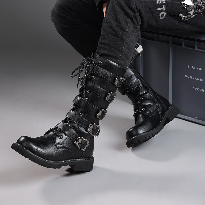 Men's black buckled motorcycle boots