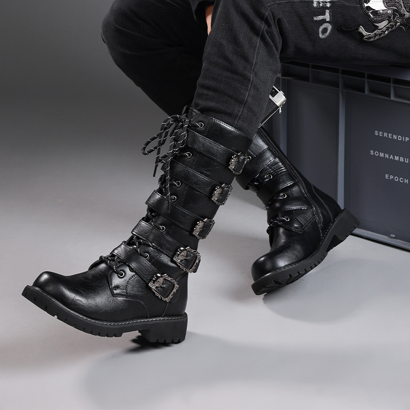 Men's black buckled motorcycle boots