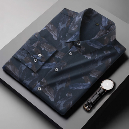 European and American cross-border large size men's long-sleeved printed shirt fat spring and autumn loose casual plus fat plus size shirt
