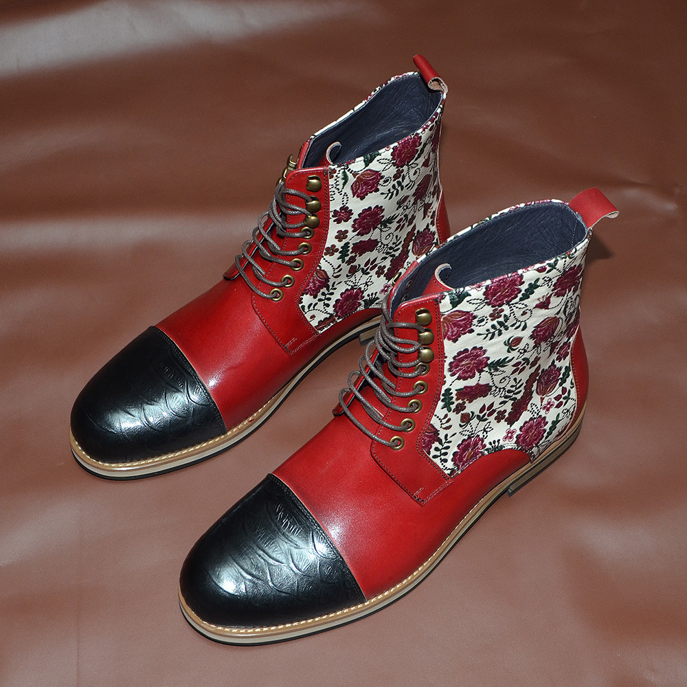 GUYSTEP™Men's handmade cowhide patchwork high top lace-up leather boots