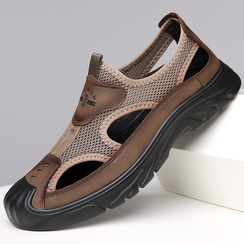 New men's casual leather sandals with mesh upper