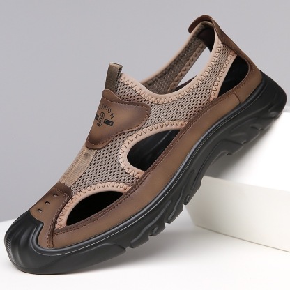 New men's casual leather sandals with mesh upper