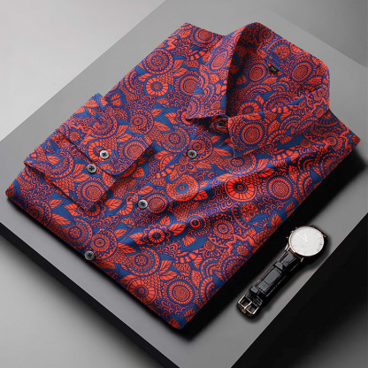 European and American cross-border large size men's long-sleeved printed shirt fat spring and autumn loose casual plus fat plus size shirt