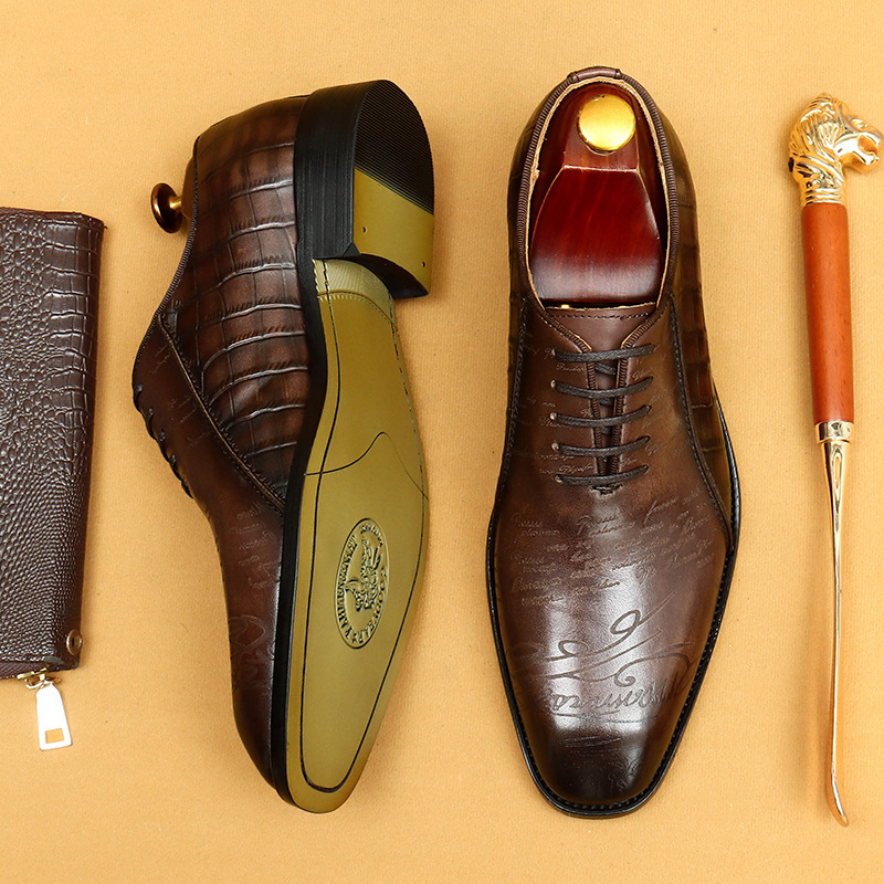 Top-grade cowhide crocodile pattern business formal men's leather shoes