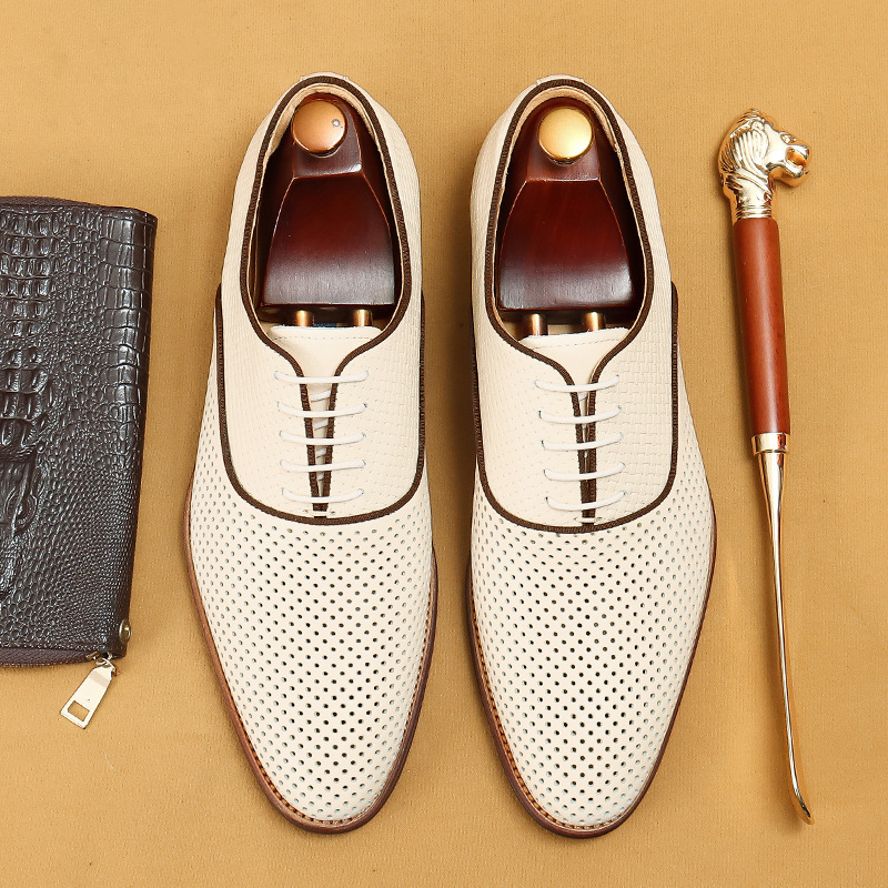 Men's Perforated Leather Dress Shoes - White, Brown, Black