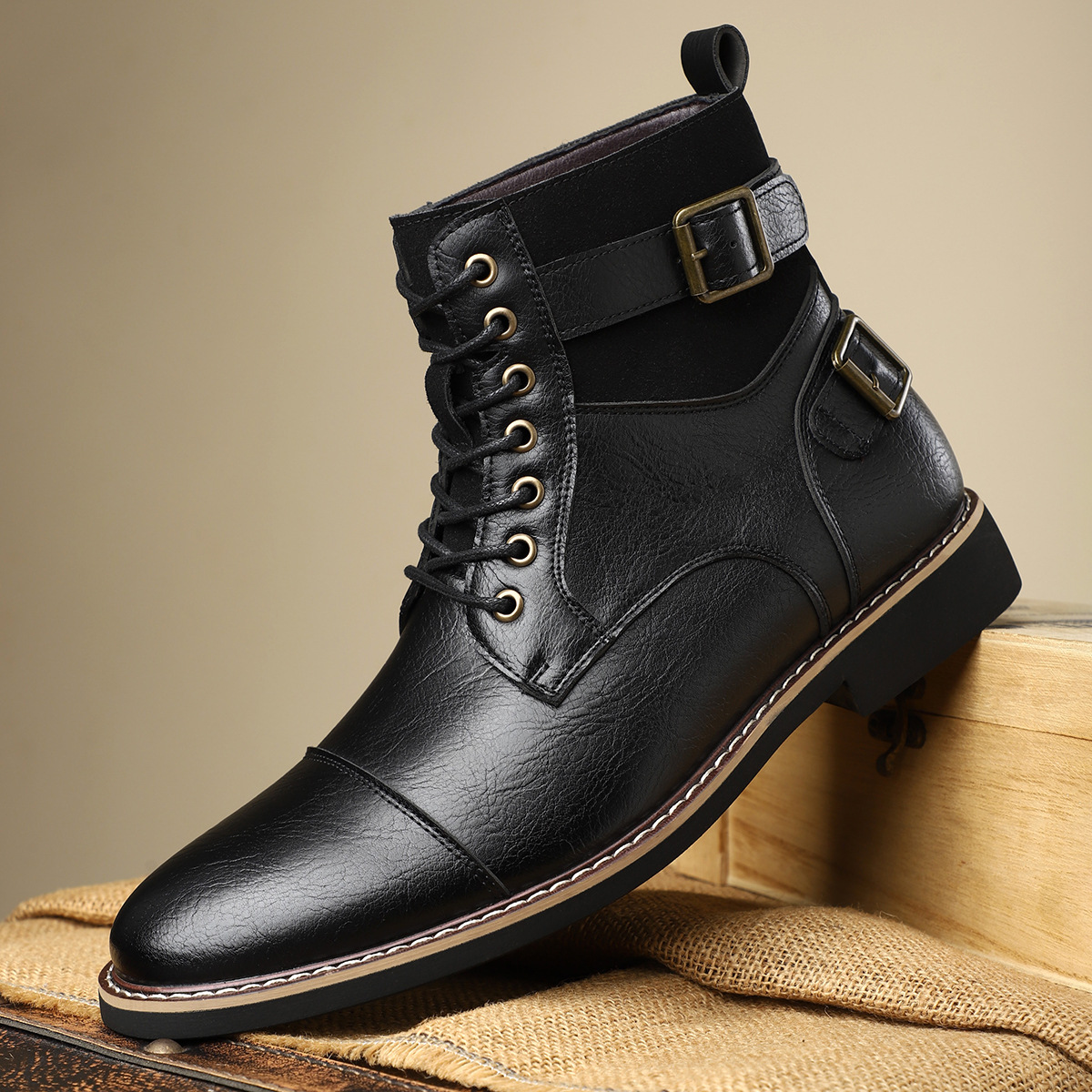 2024 new British style men's casual Martin boots non-slip retro mid-cut pointed leather boots sleeve work boots